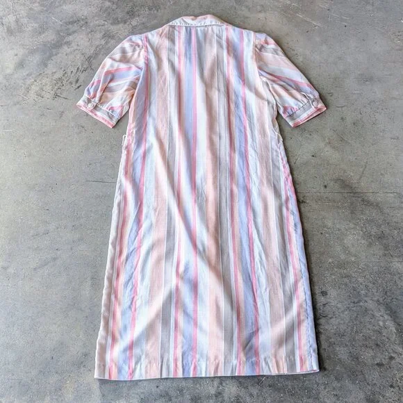 Vintage Pastel Orange Pink Purple Striped Puff Shoulder Midi Shirt Dress - Picture 9 of 9
